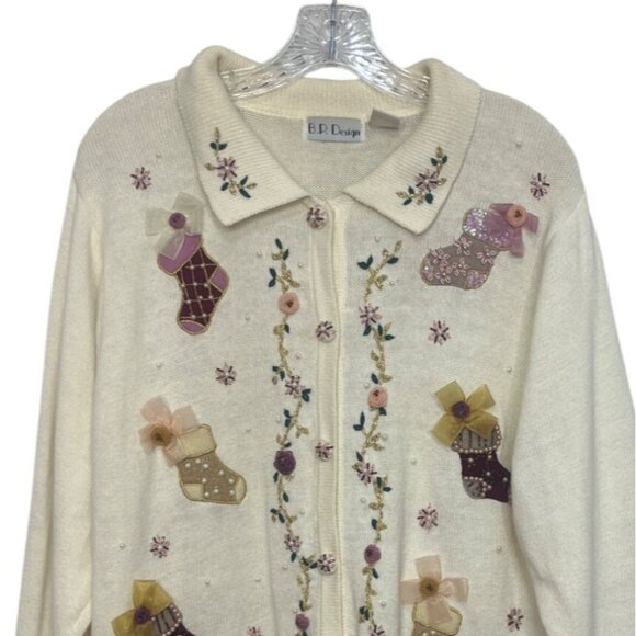 VTN BP Design Christmas Cardigan Sweater Womens Large Cream Embroidered - Picture 3 of 16